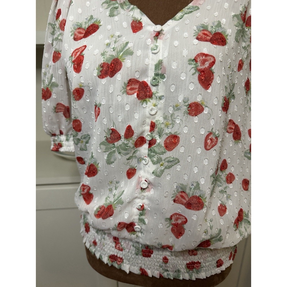 Joie Women's White Strawberry Floral V-Neck Button Puff Sleeve Smocked Blouse S - Picture 4 of 5